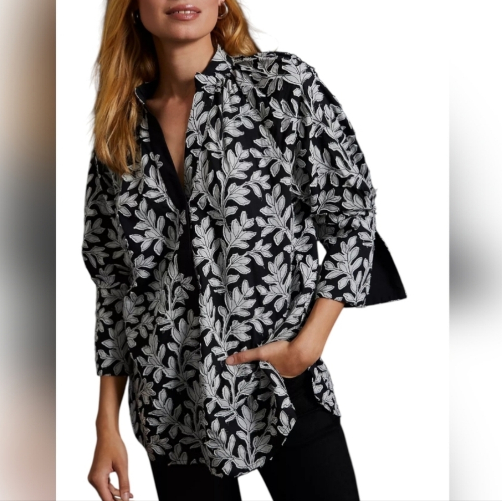 by Anthropologie Popover Top Blouse Womens Small Leaf Applique Black & White